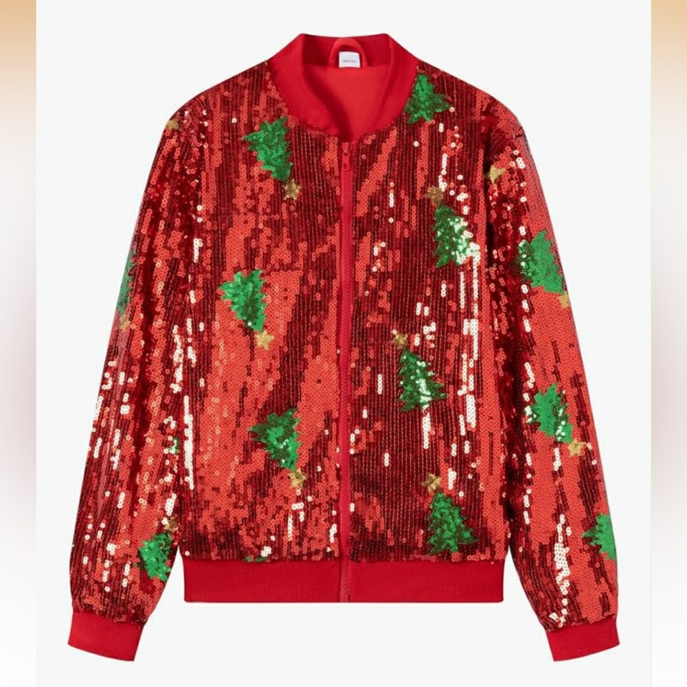 NEW Girls Sequin Bomber Jacket with Christmas trees and 2 pockets size 5-6year